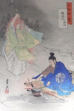 herrero munechika ayudado por un espíritu de zorro forjando la espada pequeño zorro 1873 Ogata Gekko japonés Pinturas al óleo